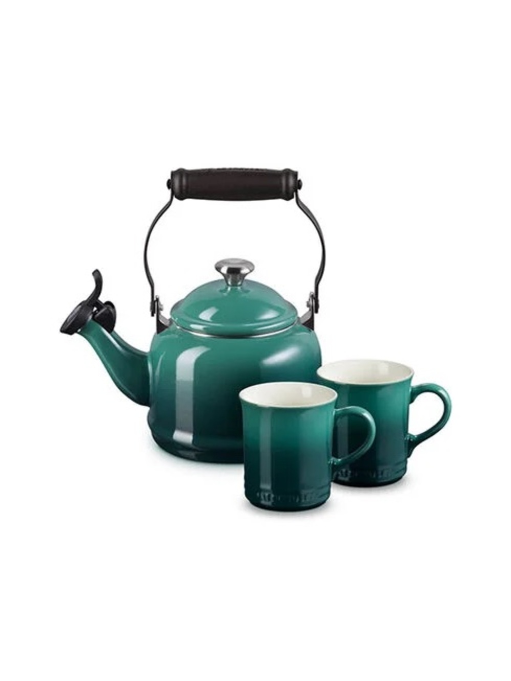 Le Creuset Teal Enamel Cast Iron Whistling Kettle with Two Teal Mugs